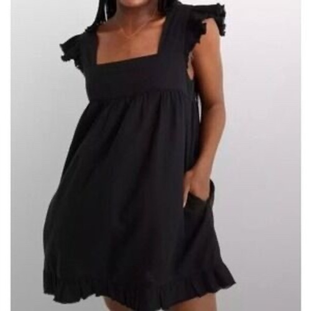 Aerie Black Linen Blend Ruffle Babydoll Mini Dress Square Neck Pockets Large